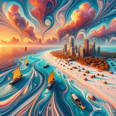 The primary subject of the image is a boat sailing on a body of water, with a city skyline visible in the background. The setting is a beach, and the visual style is a combination of digital art and illustration. The colors and mood of the image are vibrant and lively, with a focus on the boat and the city skyline.